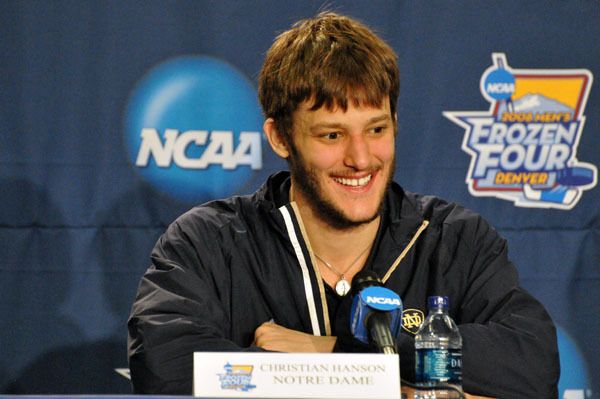 Senior center Christian Hanson, seen here at the 2008 Frozen Four press conference, has signed a two-year contract with the Toronto Maple Leafs.