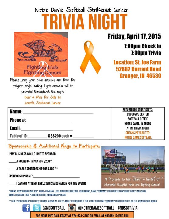 The Notre Dame softball Strikeout Cancer trivia night will be held at the St. Joe Farm in Granger on April 17
