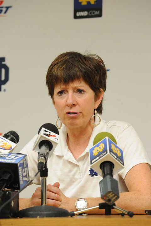 Women's basketball head coach Muffet McGraw (pictured) and men's basketball head coach Mike Brey held their annual preseason press conferences as part of Wednesday's Notre Dame Basketball Media Day activities at Purcell Pavilion.