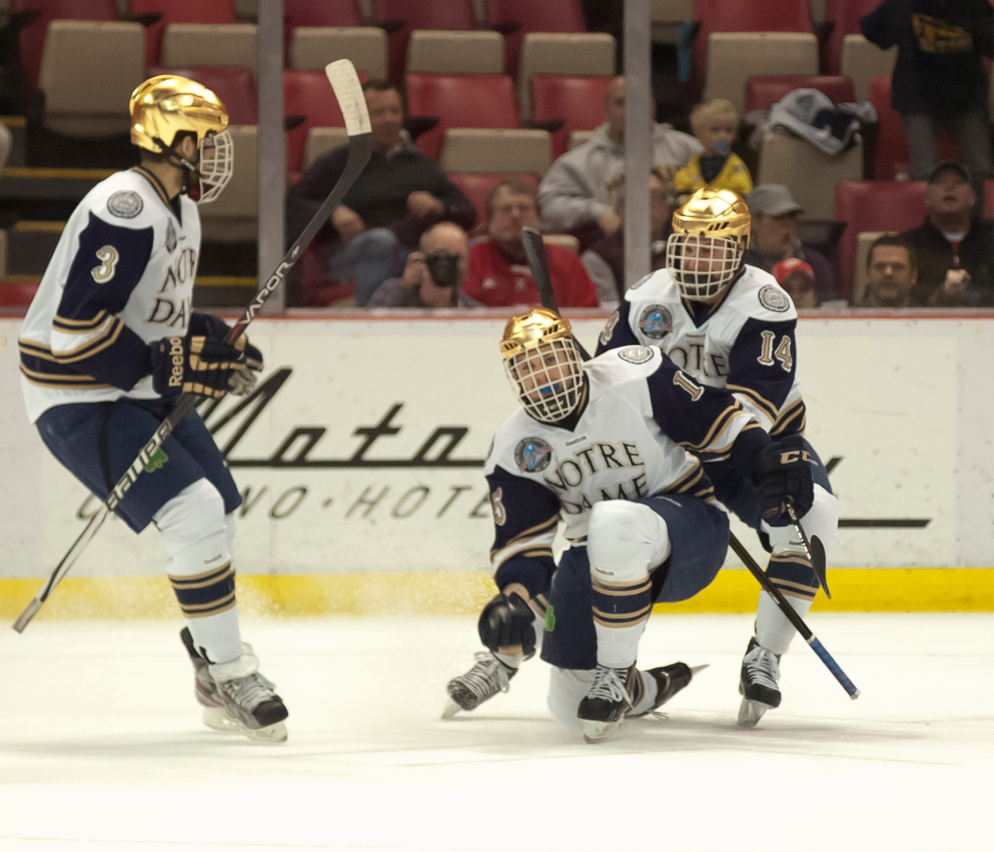 Irish Defeat Ohio State, 3-1; Advance To CCHA Title Game Sophomore right wing Peter Schneider celebrate's his first period goal against Ohio State in the CCHA semifinals.