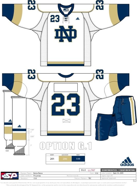 The jerseys to be auctioned off will be NHL-style adidas commemorative jerseys in home white with blue and gold trim.  Each jersey has the interlocking ND on the front with numbers on back and shoulder in blue.  Patches representing Hockey Helpers and the Wounded Warrior Project will be on each shoulder.