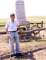 Eighty-eight year old Easter Heathman stands in front of the Rockne Memorial located at the site where Knute Rockne died in a plane crash on March 31, 1931 near Bazaar, Kansas.