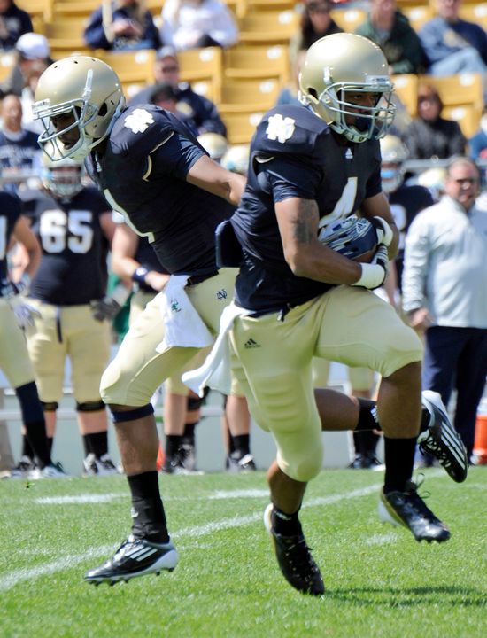Sophomore quarterback Everett Golson (left) and sophomore running back George Atkinson III (right) will be just two of the many Notre Dame players scheduled to take part in the 84th annual Blue-Gold Spring Football Game at 1 p.m. (ET) April 20 inside Notre Dame Stadium.