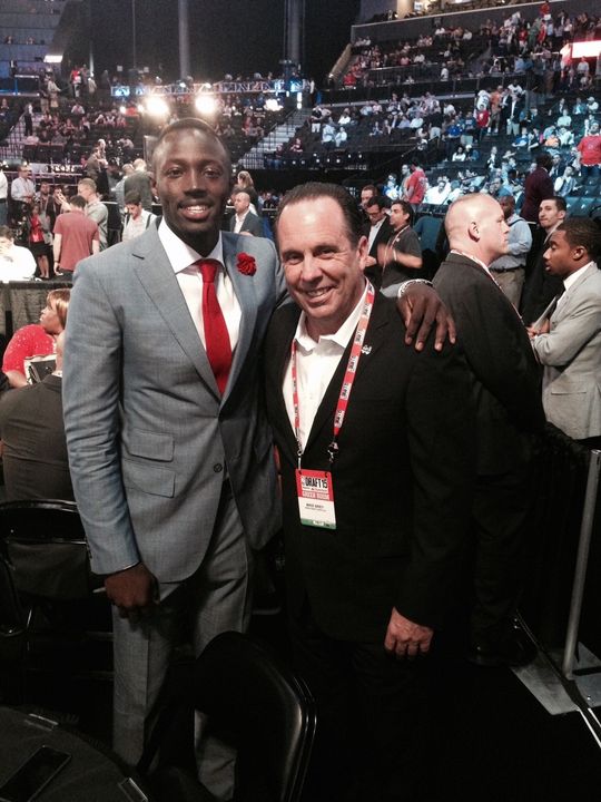 Jerian Grant with head coach Mike Brey at the Barclays Center on Thursday night.