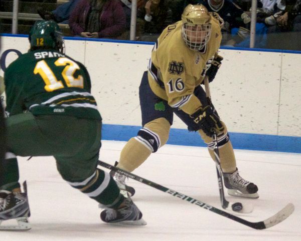 Sophomore right wing Mike Voran set up a pair of Irish goals in Notre Dame's 4-0 exhibition win over Western Ontario.