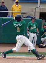 Craig Cooper - shown smacking his fourth hit in the series finale vs. Rutgers - batted 10-for-19 with 13 RBI and 4 home runs in five wins during the week of April 17-23 (photo by Pete LaFleur).