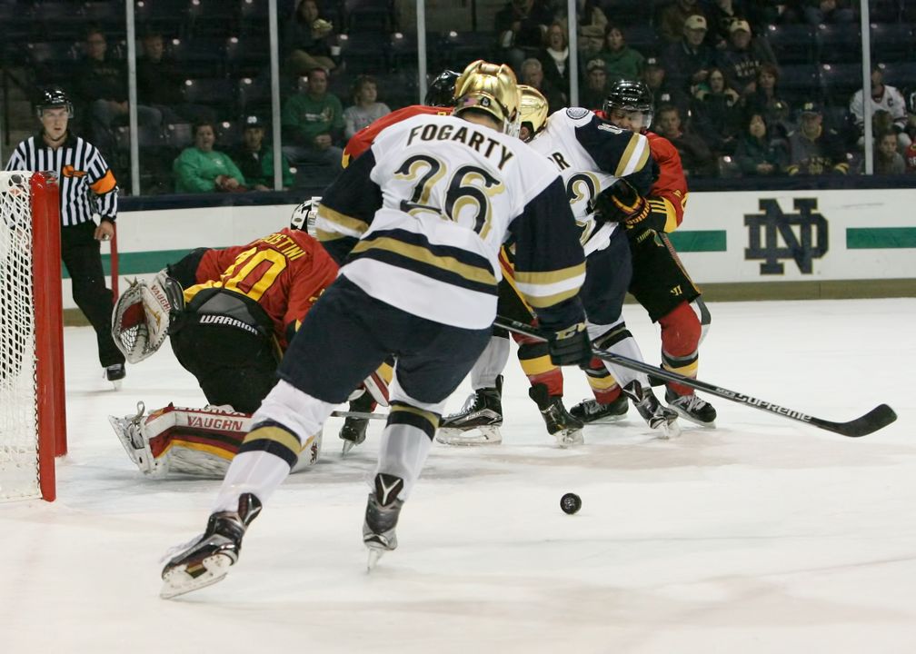 Steven Fogarty scores the third Irish goal in the 7-5 win over Guelph.