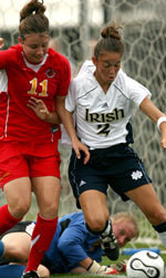 Irish Score Early And Often For Another Big Season-Opening Win, 9-0 Over Iowa State (full recap) A pair of early goals from Kerri Hanks in the Iowa State game landed her on 30 career goals quicker than any player in Notre Dame history (26 games; photo by Matt Cashore).