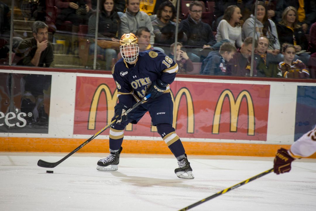 Freshman Jake Evans scored two goals and dished out an assist in Notre Dame's 3-2 win over No. 6 Miami University Sunday night.