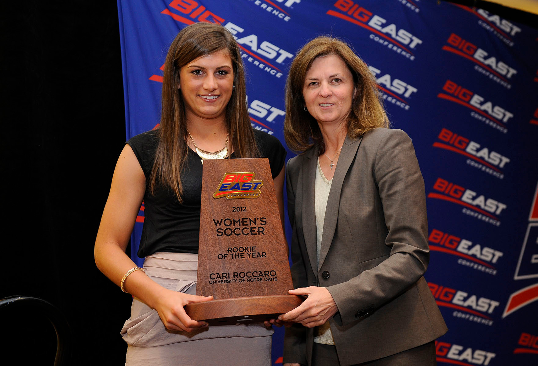 Four Irish Players Honored At BIG EAST Awards Banquet Notre Dame freshman forward/midfielder/defender Cari Roccaro was a triple honoree at Thursday night's BIG EAST Awards Banquet, including her selection as the 2012 BIG EAST Rookie of the Year (pictured here receiving the trophy from BIG EAST Women's Soccer Committee member Lynn Tighe of Villanova).