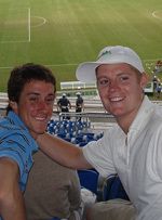 Rising sophomore Jack Traynor (left) and rising junior Andrew Benton (right) take time out for a photo during a professional match in Brazil.