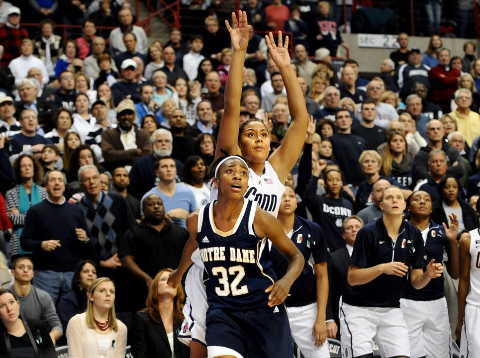 Jewell Loyd and UConn's Kaleena Mosqueda-Lewis in one of Notre Dame's road wins over the Huskies last season.