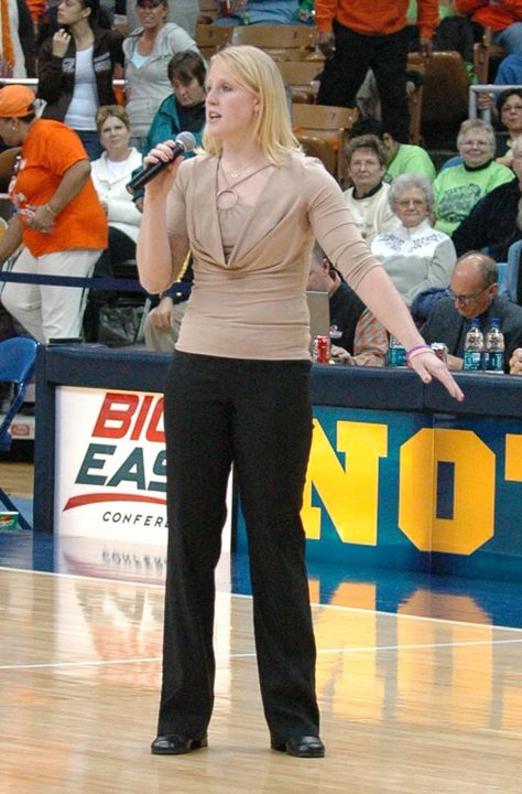Lindsay Schrader thanks the Irish women's basketball fans for their support during a game earlier this season. Schrader suffered a season-ending knee injury on the fourth day of practice in the preseason.