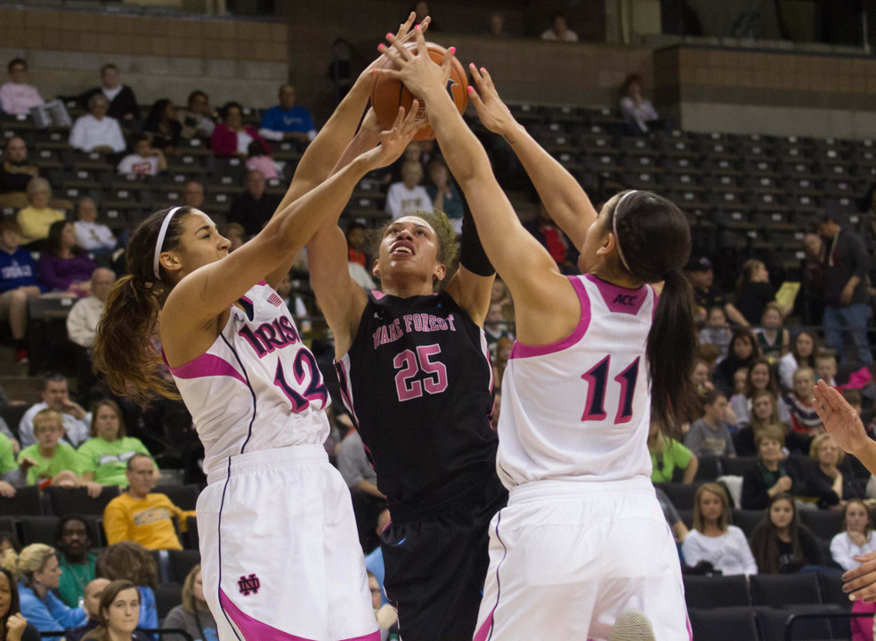 Notre Dame forward Taya Reimer blocks a shot in the first half of Thursday's 86-61 win at Wake Forest.