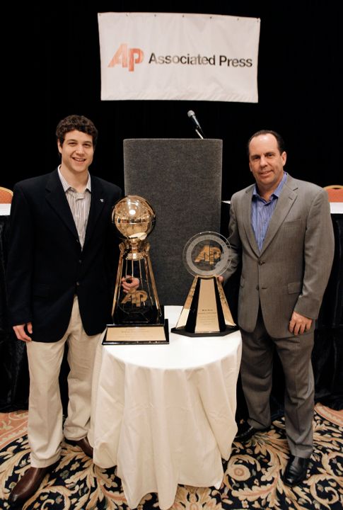 BYU's Jimmer Fredette, left, and Notre Dame's Mike Brey pose for a photo at a news conference in Houston. (AP Photo/Eric Gay)