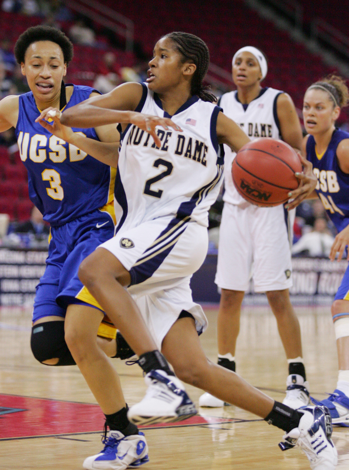 Notre Dame Advances With Win Over UC Santa Barbara, 61-51 Charel Allen drives past UC Santa Barbara's Jessica Wilson in the second half.