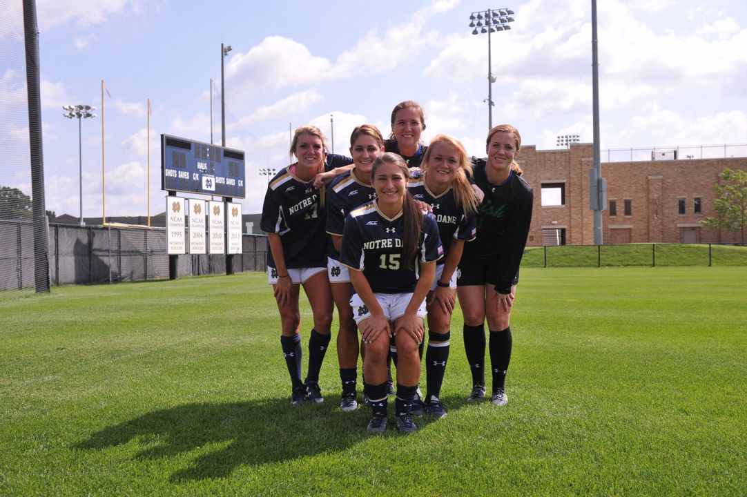 The 2014 Notre Dame women's soccer senior class: (L to R back row) Taylor Schneider, Sarah Voigt, Jennifer Jasper; (L to R middle row) Lauren Bohaboy, Sammy Scofield; (front) Karin Simonian