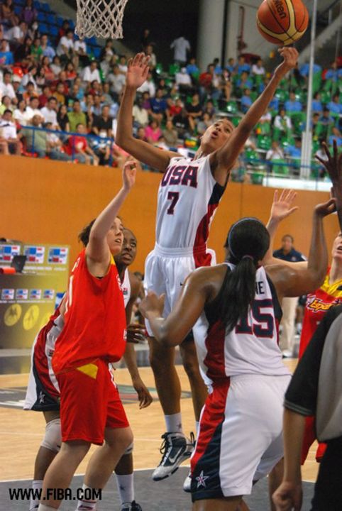 Notre Dame incoming freshman guard and United States co-captain Skylar Diggins soars high for one of her seven rebounds in the USA's 87-71 win over Spain in the gold medal game of the 2009 FIBA U19 World Championship on Sunday in Bangkok, Thailand.