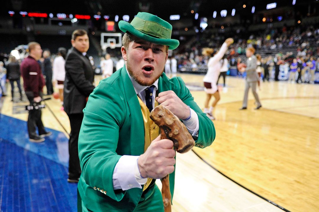 Mar 24, 2018; Spokane, WA, USA; Notre Dame Fighting Irish mascot Leprechaun poses for a photo before a game against the Texas A&amp;M Aggies in the semifinals of the Spokane regional of the women's basketball 2018 NCAA Tournament at Spokane Veterans Memorial Arena. Mandatory Credit: James Snook-USA TODAY Sports