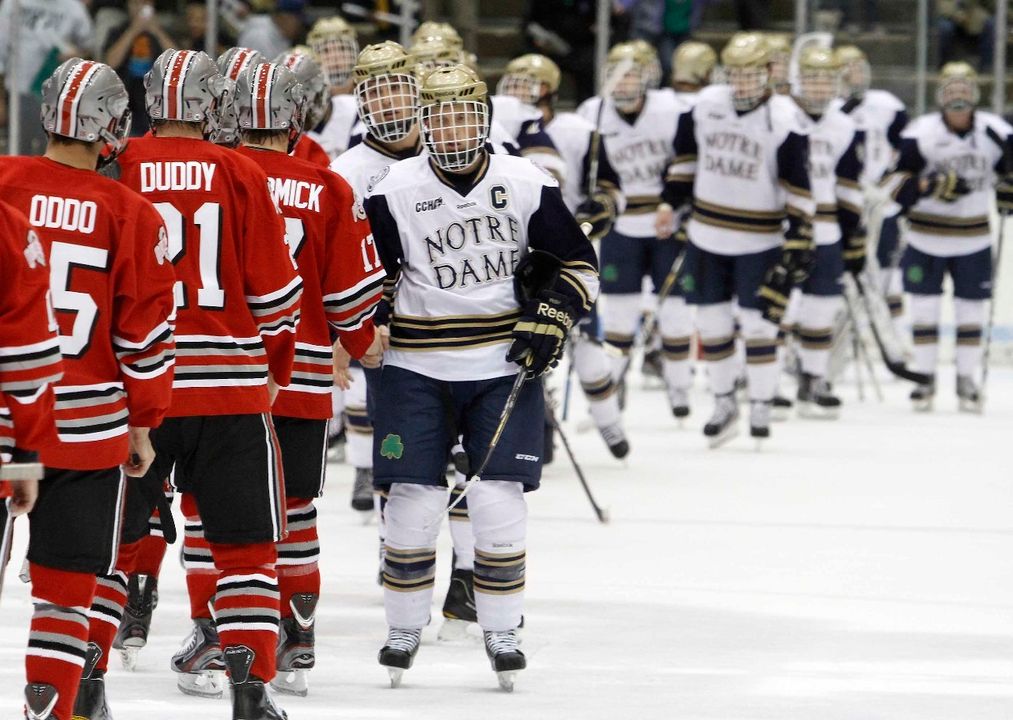 Captain Billy Maday leads the final handshake line at the Joyce Center following the 4-3 loss to Ohio State.