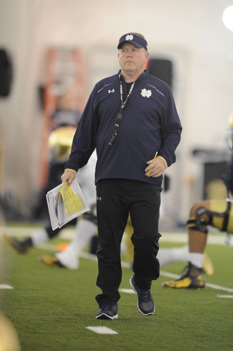 Brian Kelly kept a mindful eye on Sunday's practice at the Tennessee Titans' indoor facility.