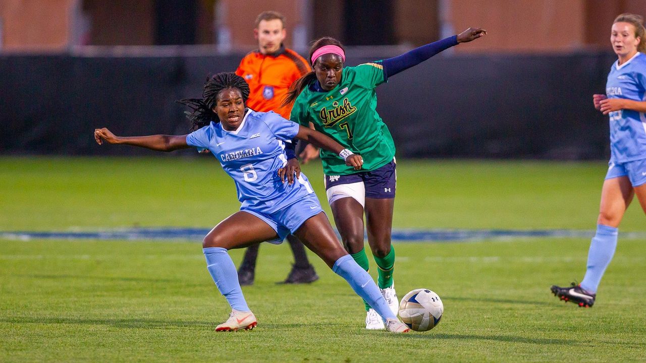 during ACC Women's Soccer action between University of Notre Dame vs. University of North Carolina at Alumni Stadium on October 4, 2018 in South Bend, Indiana.