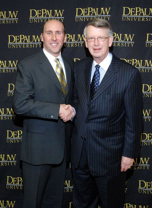 Former Notre Dame swimmer Brian Casey (left) was inaugurated Friday as DePauw University's 19th president.