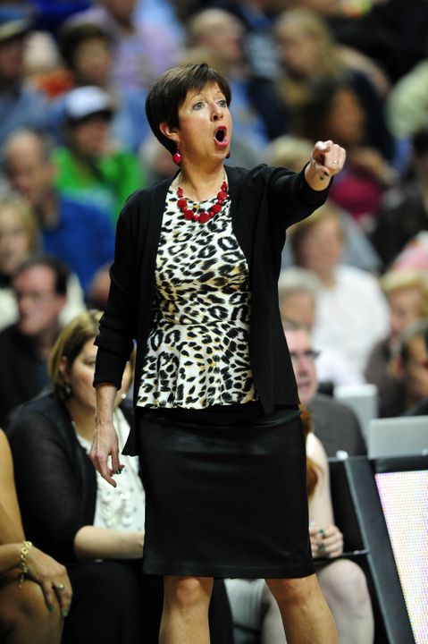 Head Coach Muffet McGraw searched for answers to the Huskies' tenacious offense throughout the game.