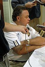 Defensive coordinator Rick Minter talks to reporters during media day on Aug. 8, 2005.