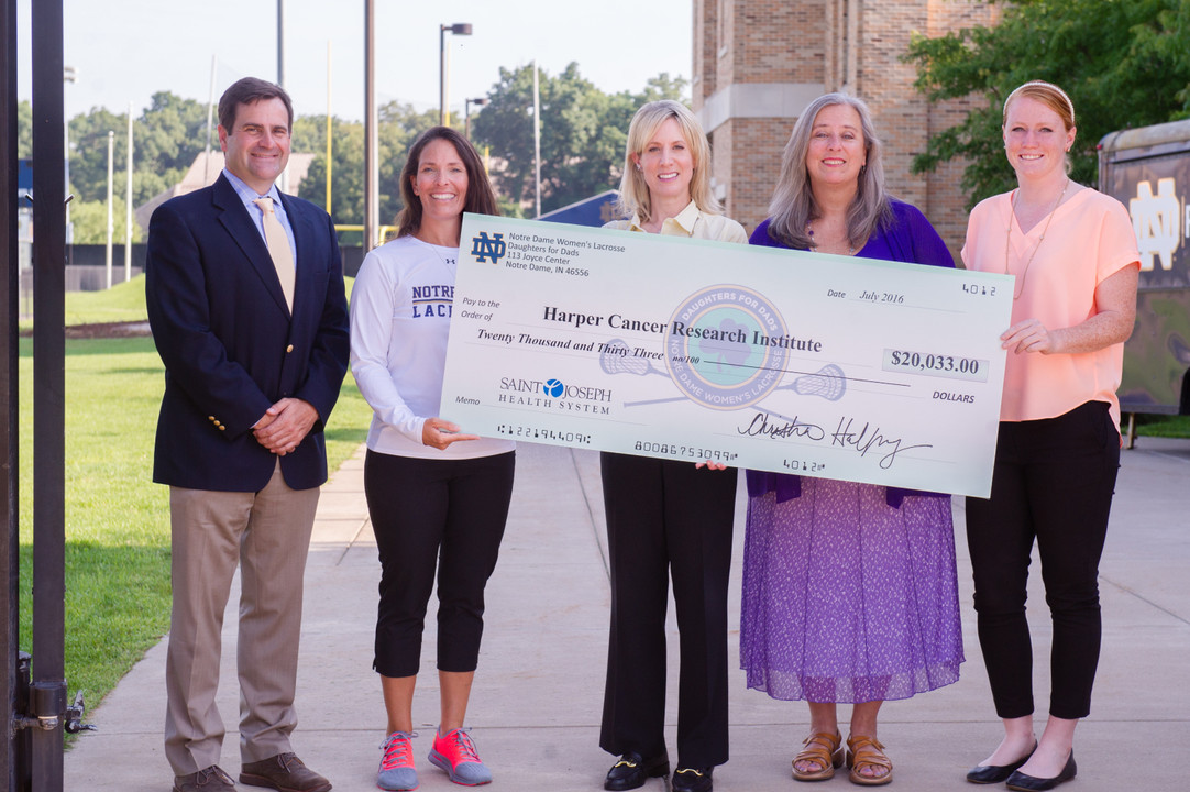 S. Andrew Bullock, associate director of the Harper Cancer Research Institute, Irish head coach Christine Halfpenny, Ann Rathburn-Lacopo, chief development officer for the Foundation of Saint Joseph Regional Medical Center, Harper Institute director M. Sharon Stack and 2016 Irish captain Barbara Sullivan at the check presentation.