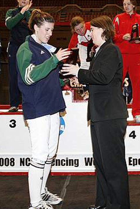 Kelley Hurley, seen here receiving the gold medal at last month's NCAA Championship, won gold in the epee at the Junior World Championships on Thursday in Italy.