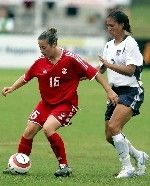 Current Notre Dame forward Katie Thorlakson tries to move past former Irish player Shannon Boxx - considered the world's top defensive midfielder - in a recent game between the Canadian and U.S. national teams.