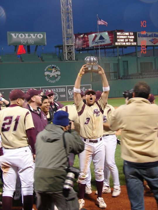 Pete Frates holds up the Beanpot Trophy after leading the Eagles to victory at Fenway Park during his playing days.
