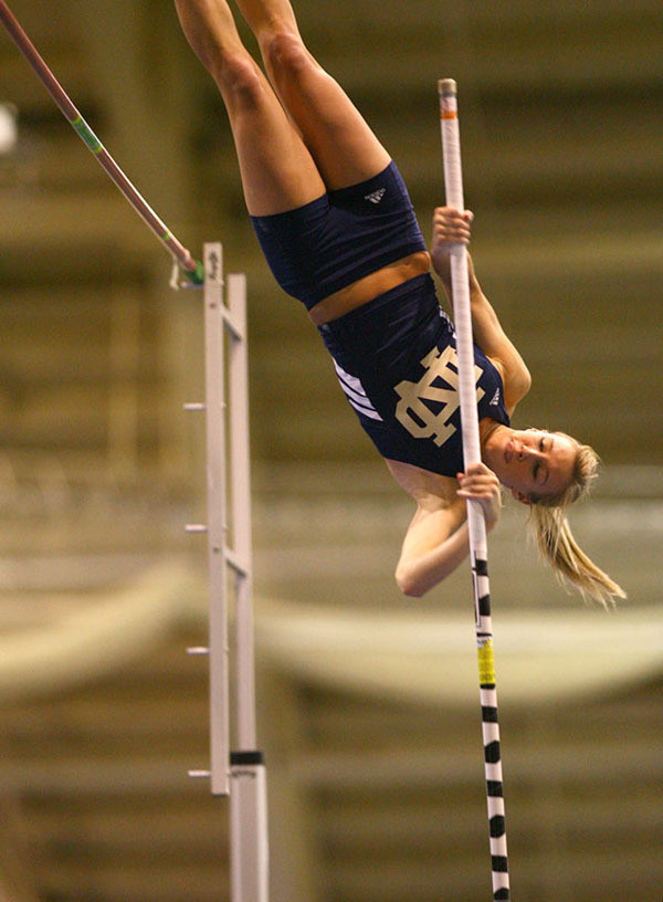 Irish Post Seven Wins At Miami (Ohio) Invitational Freshman pole vaulter Mary Saxer qualified for next month's NCAA Mideast Regional with a winning leap of 3.80 meters (12-5.5) at Saturday's Miami (Ohio) Invitational. <i>(photo by Matt Cashore)</i>