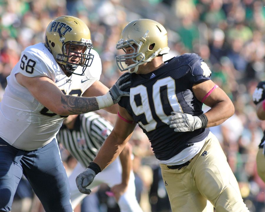 Senior defensive end Ethan Johnson registered two sacks in Notre Dame's 23-12 win over Purdue last year at Notre Dame Stadium.