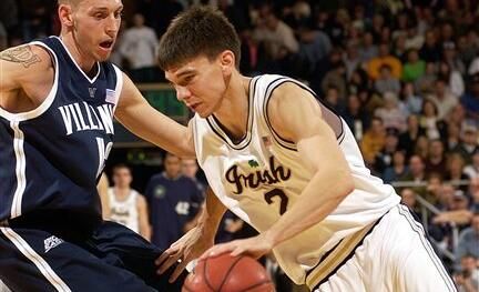 Notre Dame guard Chris Quinn (2) drives the lane while Villanova guard Mike Nardi (12) defends in the first half of  a college basketball game Saturday Jan. 28, 2006, in South Bend, Ind. (AP Photo/Joe Raymond)