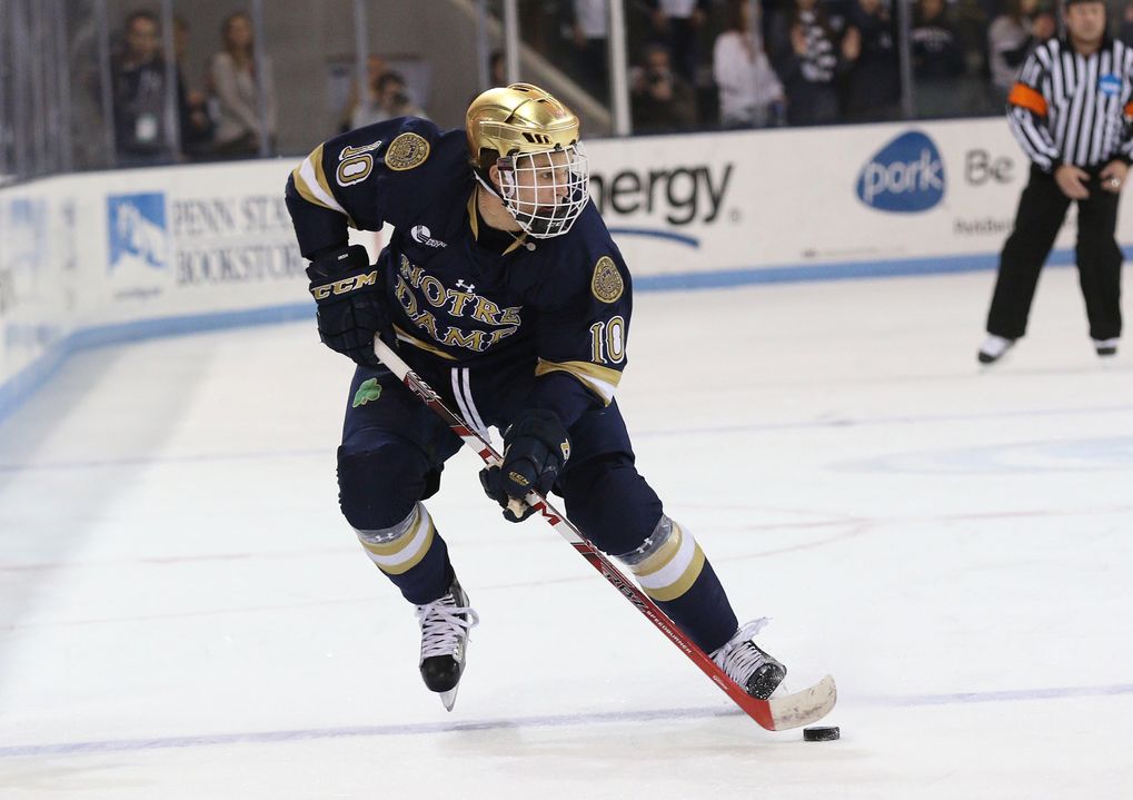 Anders Bjork is one of five Notre Dame players who registered at least one point in each game versus Penn State last weekend.