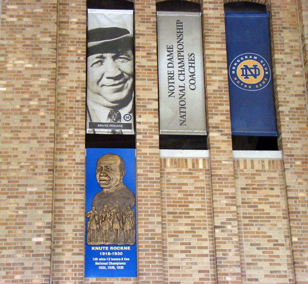 Legendary Notre Dame head coach Knute Rockne is one of five national championship Irish football coaches honored as part of a new display at Gate D of Notre Dame Stadium.