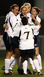 Thorlakson Becomes Notre Dame’s All-Time Career Postseason Scoring Leader As Irish Open NCAAs With 6-0 Win Over Valparaiso (full recap) Amanda Cinalli (center) celebrates with teammates after one of her two goals in the 6-0 win over Valparaiso, as one of eight Irish players to register points in the NCAA opening win (photos by Matt Cashore).