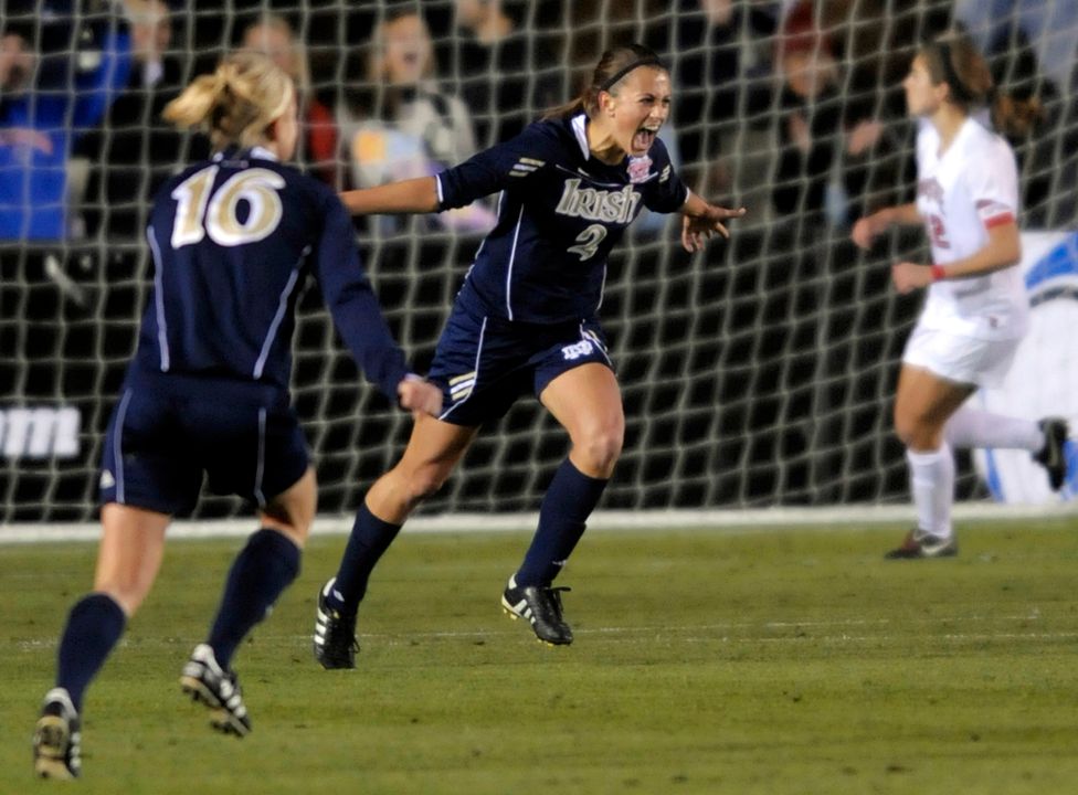 Notre Dame senior midfielder Mandy Laddish, whose memorable goal in the 2010 NCAA College Cup semifinals against Ohio State (pictured) paved the way for the program's third national championship, was selected by her hometown franchise, FC Kansas City in the third round of Friday's NWSL College Draft in Philadelphia.