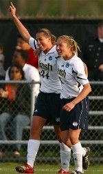 Jill Krivacek (left) and Amanda Cinalli celebrate the first goal in the 3-0 win over Mexico (photos by Matt Cashore).