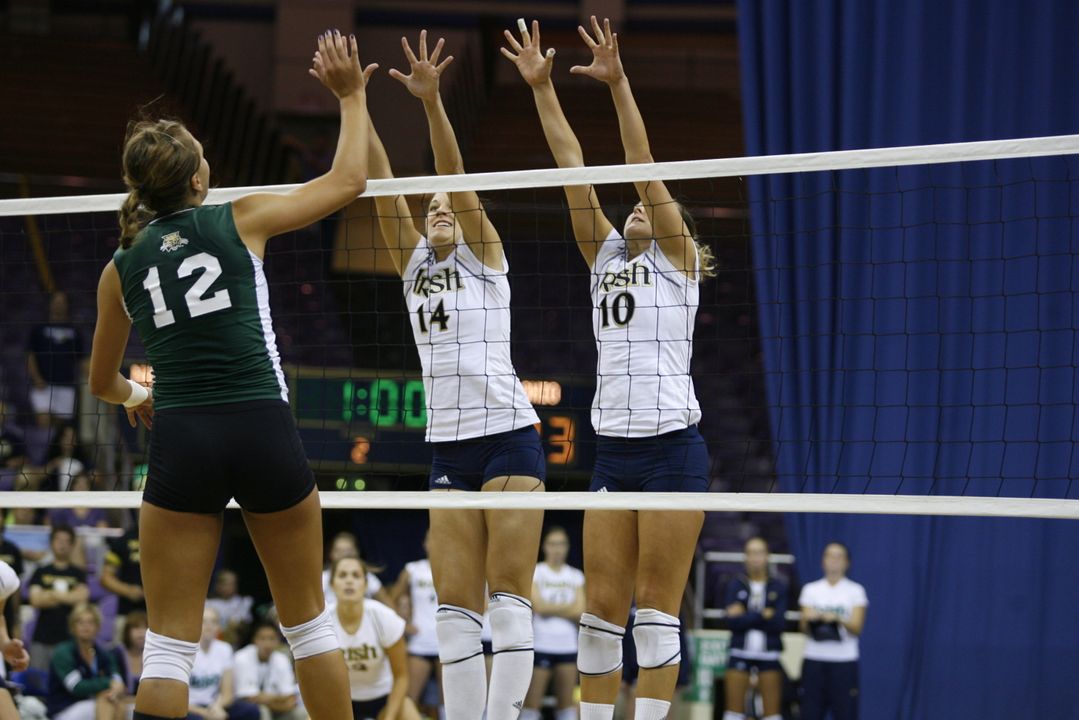 Justine Stremick (left) and Adrianna Stasiuk (right) combined for 12 of Notre Dame's 22.0 blocks Sunday versus Villanova.