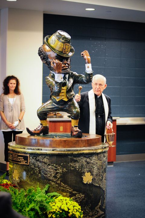 This leprechaun sculpture, courtesy of the Merck family, was unveiled last Friday (Sept. 27) at Gate 10 of Purcell Pavilion.