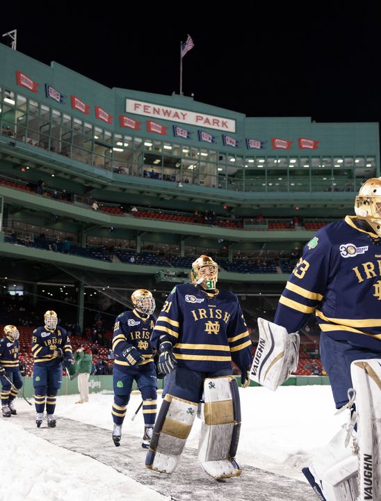 Irish goaltender Joe Rogers makes his way to the ice at Fenway Park on Jan. 4 when Notre Dame faced Boston College.