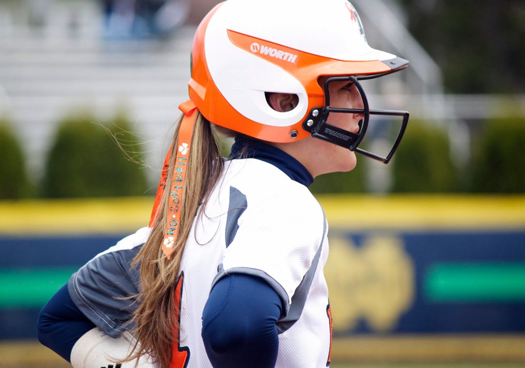 One of the highlights of Strikeout Cancer is the incorporation of orange into Notre Dame's uniforms, as shown by senior Lauren Stuhr