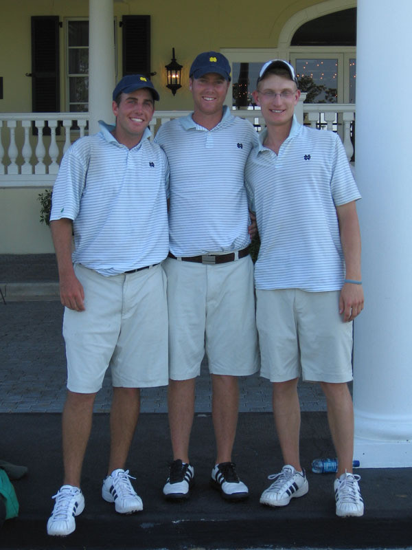 Men’s Golf Saves Best For Last, Finishing 17th At NCAA East Regional Seniors Scott Gustafson (left), Tommy Balderston (center), Mark Baldwin (right) and Eric Deutsch (not pictured) leave Notre Dame having helped lead the Irish to three BIG EAST titles and three NCAA regional appearances in their four-year careers. <i>(photo by Chris Masters)</i>