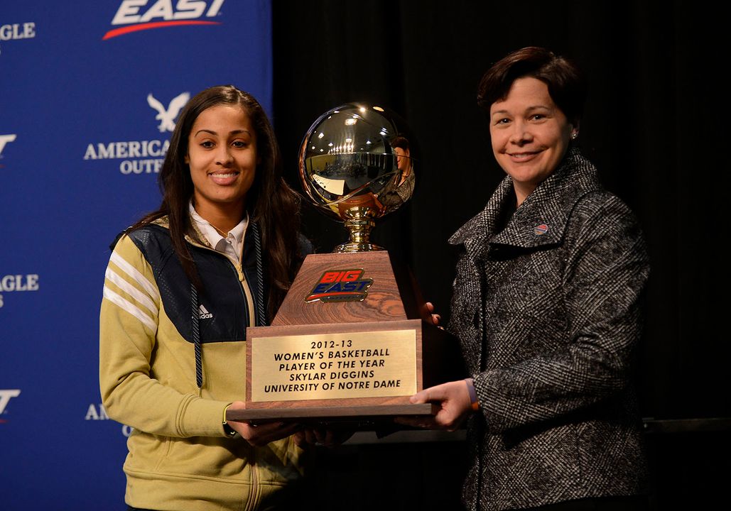 For the second consecutive year, senior guard/co-captain Skylar Diggins was named the BIG EAST Player of the Year, becoming the first player from a school other than Connecticut to win the award in back-to-back seasons since 1987.
