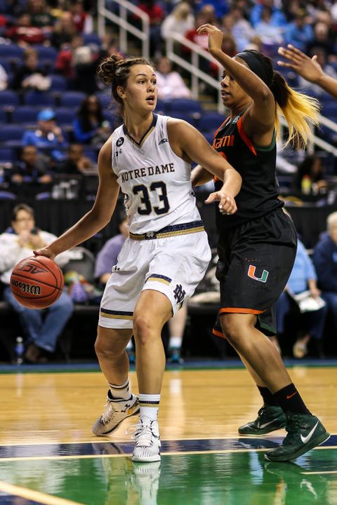 Freshman forward Kathryn Westbeld came off the bench to score 10 points, including seven in the first half, of Notre Dame's 77-61 win over Miami in the ACC Championship quarterfinals on Friday afternoon in Greensboro, North Carolina.
