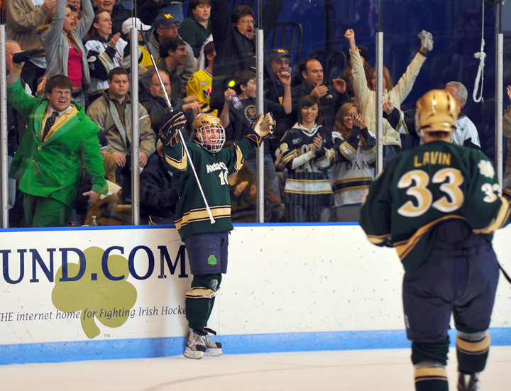 Irish Offense Comes To Life In 5-3 Win Over Michigan Freshman right wing Kyle Palmieri celebrates his game-winning goal against Michigan.