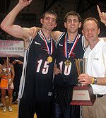 Luke Zeller and his teammates celebrate winning the William Jones Cup gold medal in July.